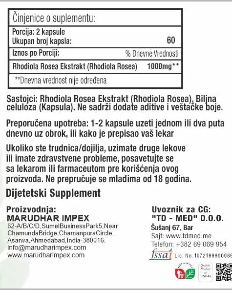 Rhodiola Rosea Extract 1000mg u 2 kaps. 60 kapsula-Mi Nature