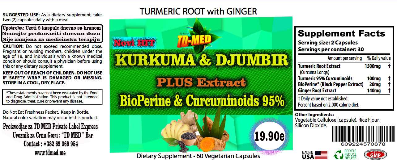KURKUMA + DJUMBIR Organic-Extract plus Bee Perine + Kurkumin 95% , 60 kapsula-dnevna doza od1760mg