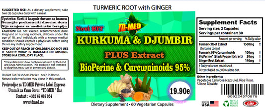 KURKUMA + DJUMBIR Organic-Extract plus Bee Perine +  Kurkumin 95% , 60 kapsula-dnevna doza od1760mg