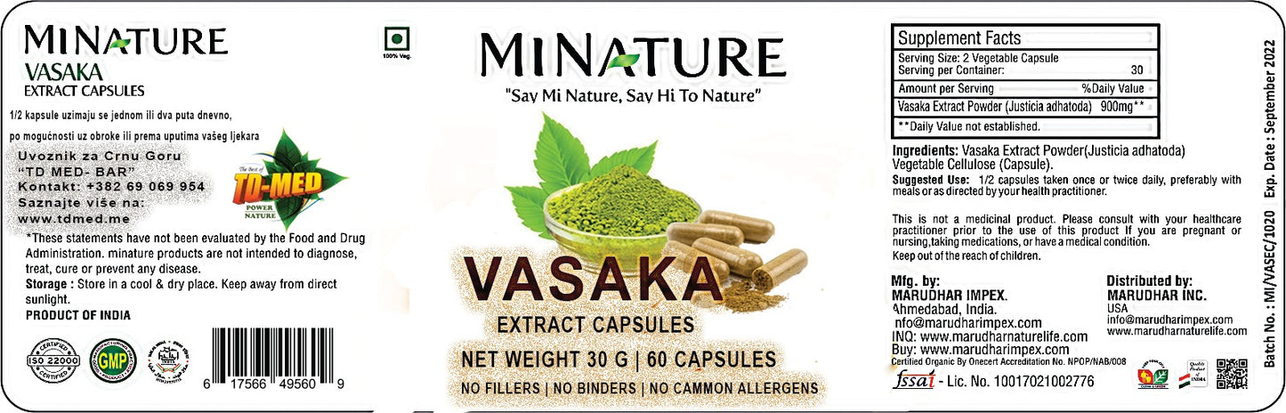 VASAKA,Ekstrakt lišća Justicia adhatoda INDIJA, 900mg 60 caps ,
