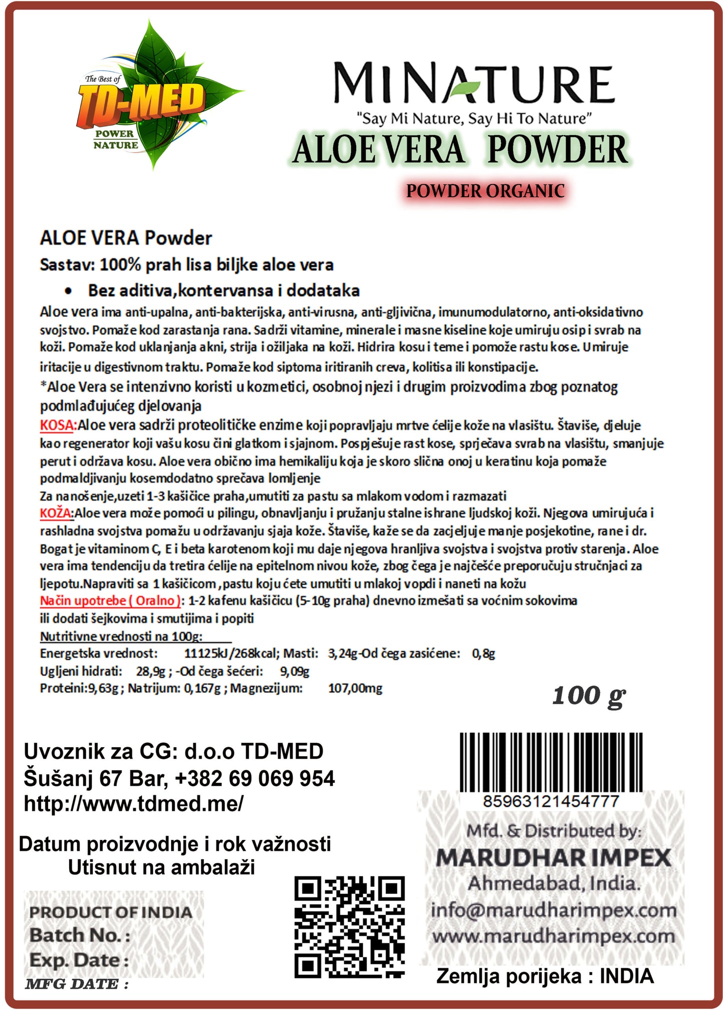 Aloe Vere prah 100 g Original Indija