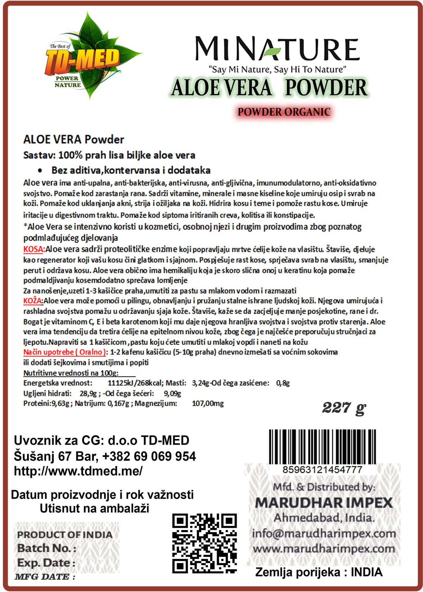 Aloe Vera prah 227g,Original Ondija Mi Nature