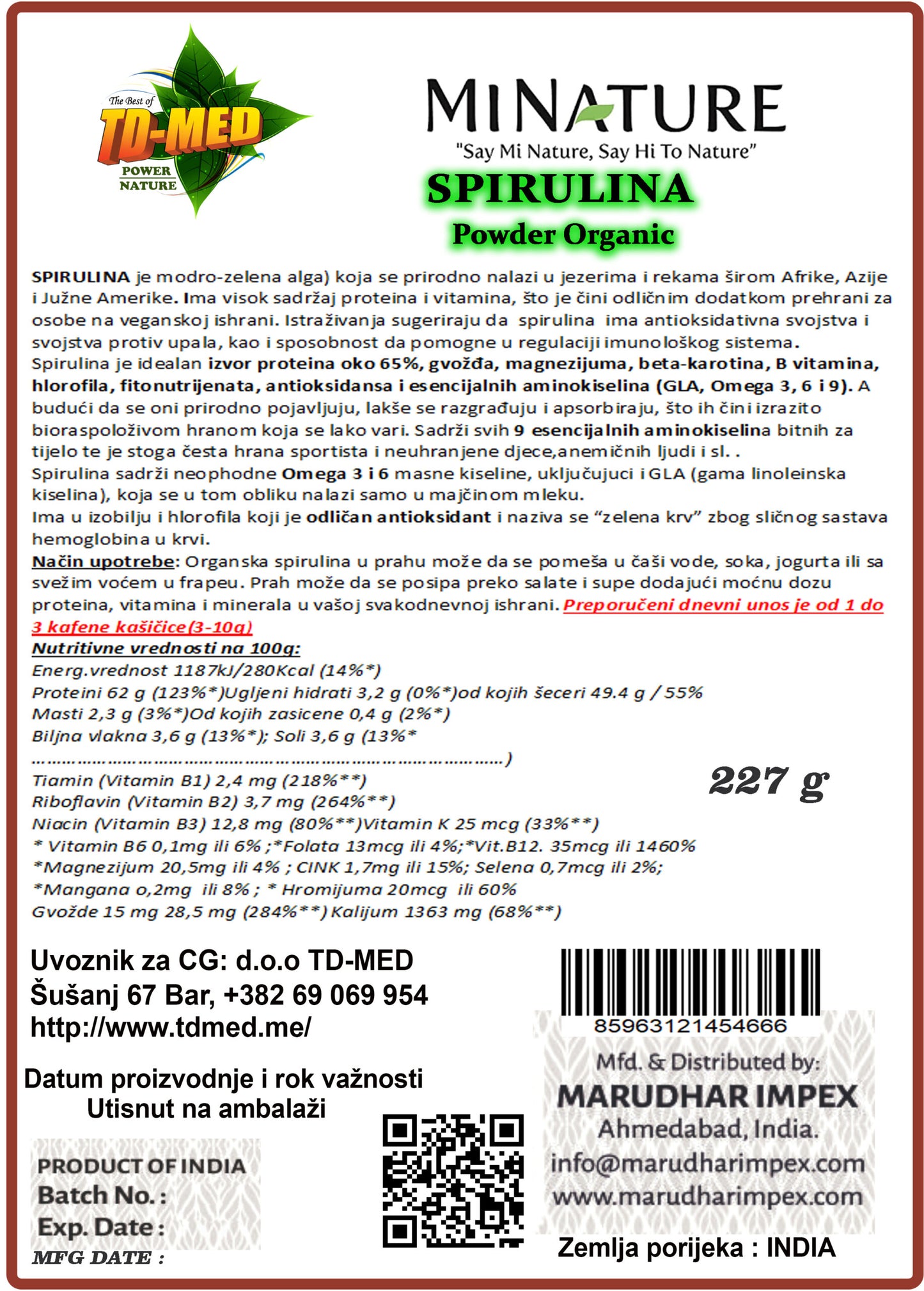 Spirulina u prahu 227g Organik-Indija Original