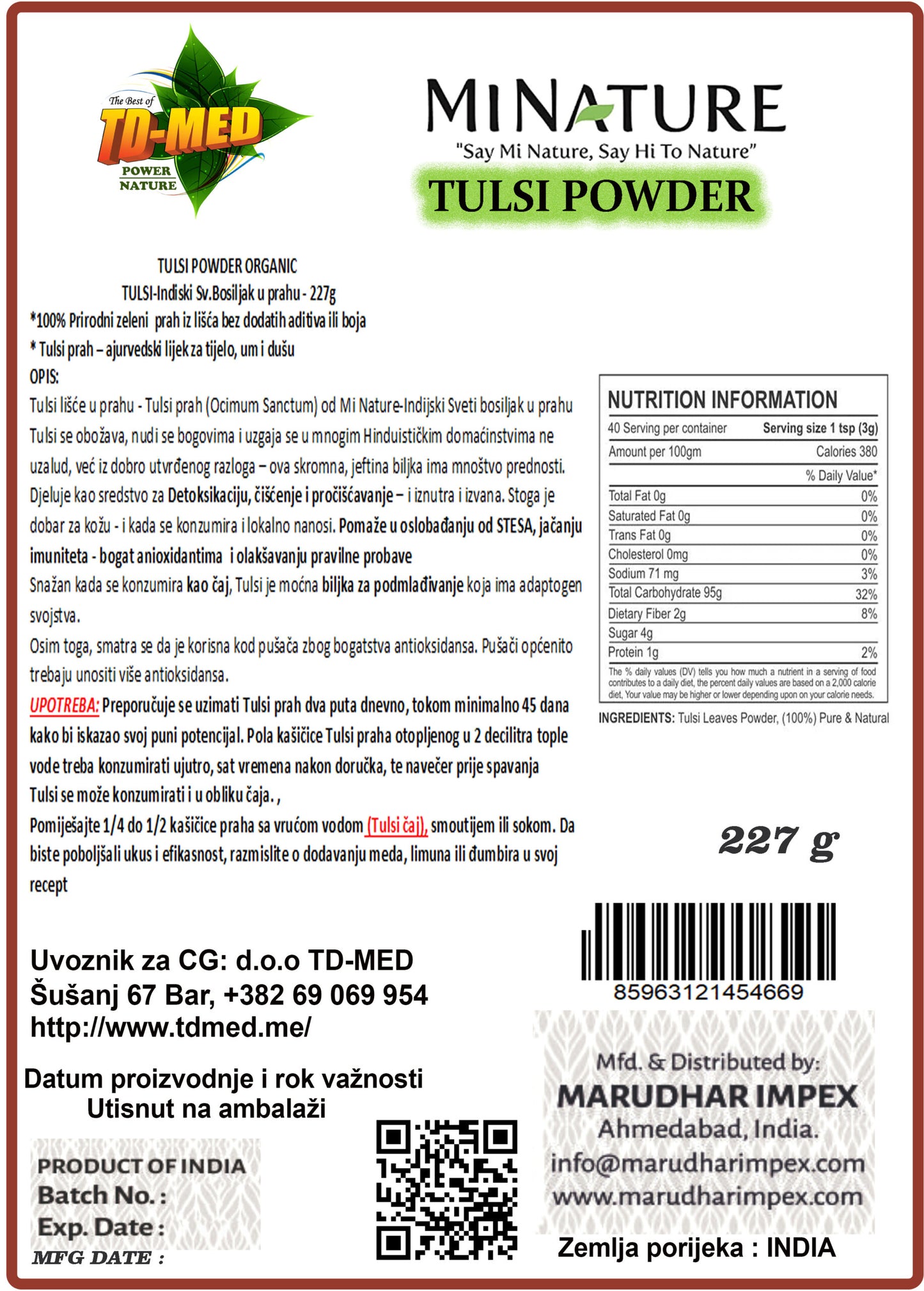 TULSI -Indiski Sv. Bosiljak u prahu 227g,Organic Indija Mi Nature