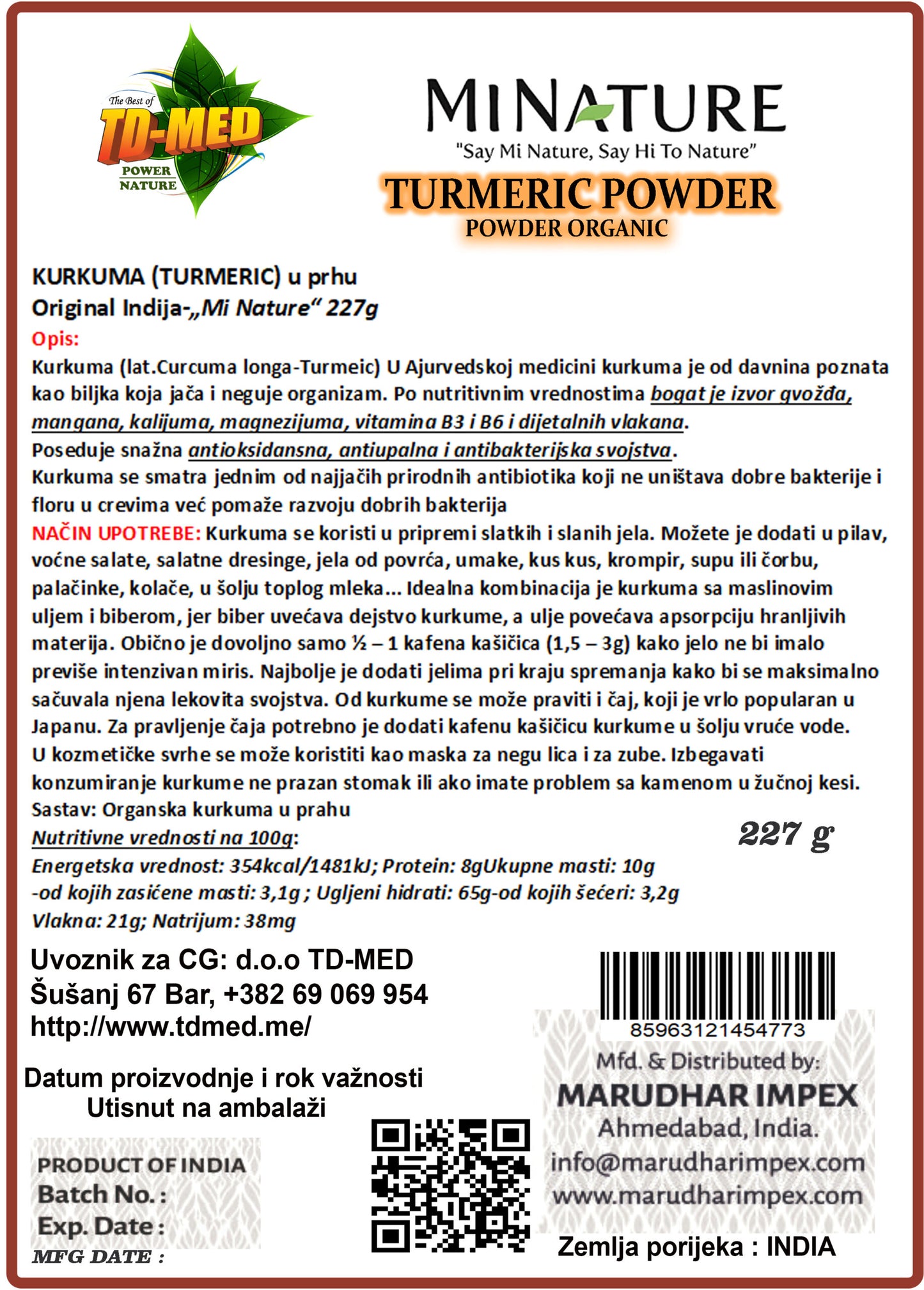 Kurkuma u prahu,Natural Turmeric  227g Origina Indija