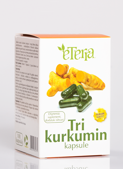 Tri kurkumin kapsule Eterra 100kaps.;Čuva vaše srce i krvne sudove, deluje na smanjenje holesterola, čini da se osećate svežije i da stres ima manje efekta ; ima efekat da smanjuje upalne procese u organizmu, i smanjuje bol, bez neželjenih efekata