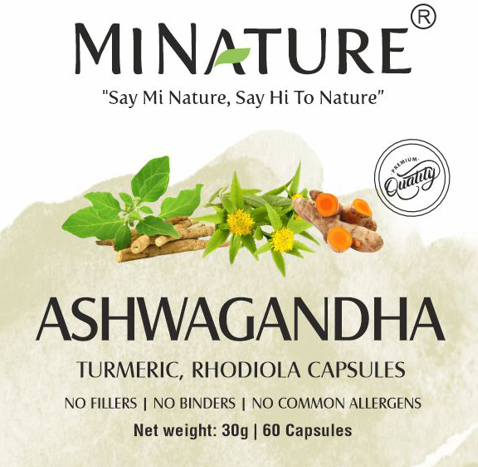 ASHWAGANDHA • TURMERIC • RHODIOLA 60 caps."Mi Nature"-Indija;Prirodna snaga za smirenje, energiju i mentalnu jasnoću.
