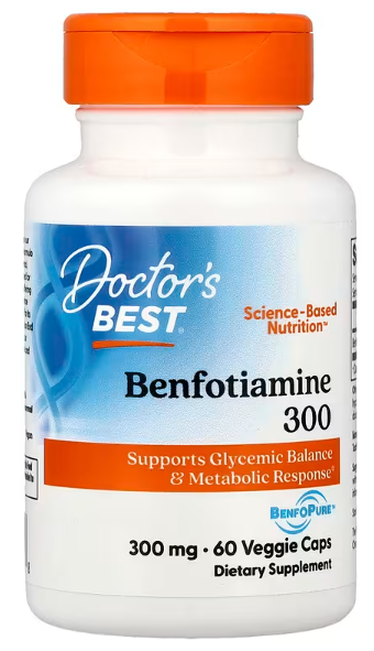 Benfotiamin 300mg/60 veg.caps.Pomaže u održavanju zdravog metabolizma glukoze i  liječi Neuropatiju i sprečava stvaranje ZPG ( ZAVRŠNI PROIZVODI GLIKOLIZACIJE )-a,.Benfotiamin obećava i na području liječenja niza neuroloških i vaskularnih bolesti