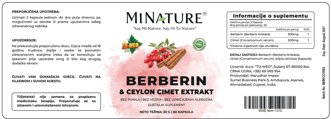 Berberine + Cimet-Ceylonski Extrakt ,500 mg, 60 veg.caps;Snižava šećer u krvi, uzrokuje gubitak težine i poboljšava zdravlje srca i smanjuje insulinsku rezistenciju - "Mi Nature"Indija original brend