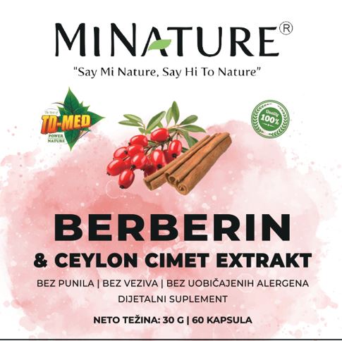 Berberine + Cimet-Ceylonski Extrakt ,500 mg, 60 veg.caps;Snižava šećer u krvi, uzrokuje gubitak težine i poboljšava zdravlje srca i smanjuje insulinsku rezistenciju - "Mi Nature"Indija original brend