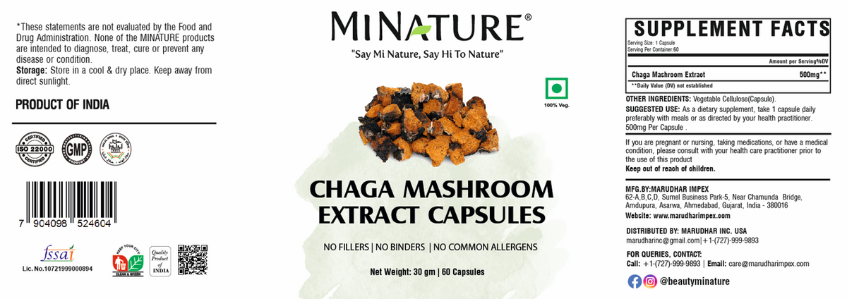 CHAGA-ČAGA Extract, full spectrum 500mg-60 kaps., "Mi Nature"-Indija sa sertifikatom i polisaharidi 20.26 %;podizanje Imuno podrške,jetri i detoxikacija tela,anti age učinci