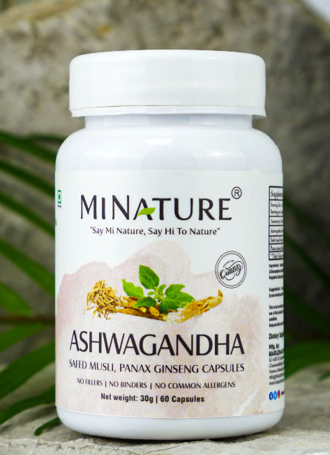 Ashwaganda (Ašvaganda sa dodatkom Safed Musli i Panax Ginseng)-60 caps."Mi Nature"-pomaže tijelu da se prilagodi stresu, povećava energiju, jača imunitet i poboljšava vitalnost. Djeluje sinergijski na hormonalnu ravnotežu, libido i mentalnu otpornost.