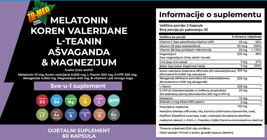 Melatonin Complex--60 kaps.(Melatonin 10mg sa dodatcima.Valerijana koren,L-Thenine,5-HTP,Vit.C,D3 i minerali;Premijum rešenje za nesanicu i bolji san,napetost i jutarnji umor,nervnu iscrpljenost i hormonalni disbalans