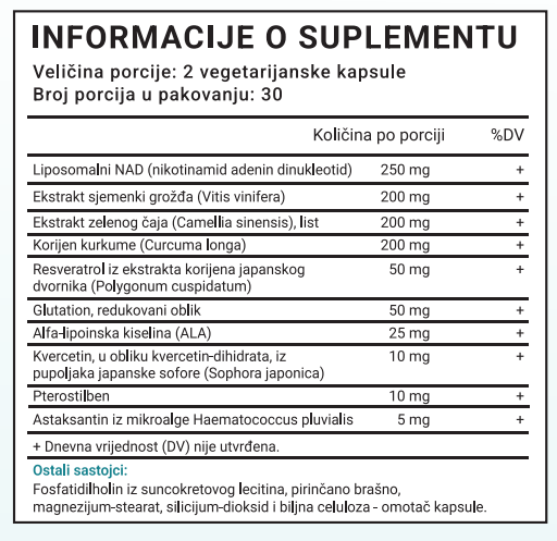 Liposomal NAD+ Boosting 60 caps;10 u 1,Napredna Formula(Energija. Zaštita. Dugoročna vitalnost.)u kombinaciji NAD+, Resveratrola,Quercentina,Glutationa i snažnih biljnih extrata za zdrav proces starenja.,Naš BREND prvi put na tržištusa Reklamnom cenom