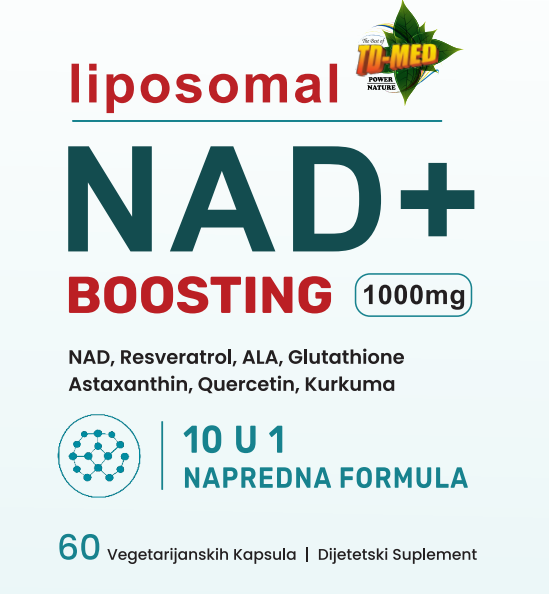 Liposomal NAD+ Boosting 60 caps;10 u 1,Napredna Formula(Energija. Zaštita. Dugoročna vitalnost.)u kombinaciji NAD+, Resveratrola,Quercentina,Glutationa i snažnih biljnih extrata za zdrav proces starenja.,Naš BREND prvi put na tržištusa Reklamnom cenom