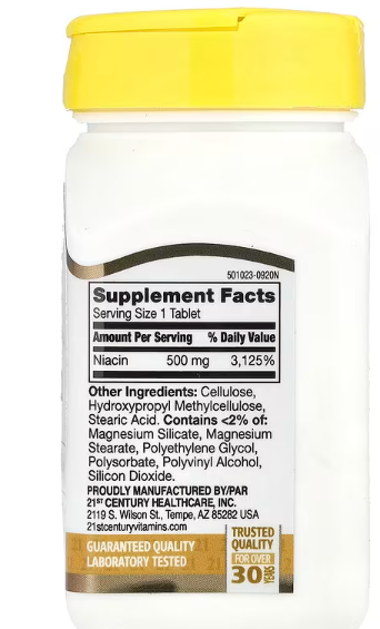 Niacin s produženim oslobađanjem, 500 mg, 100 tableta;"21 Century"-USA;Energetski metabolizam; Podrška nervnom sistemu; Opšte blagostanje