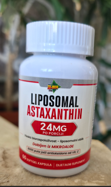 Astaxanthin-Liposomal Astaksantin,sa Fosfadiholinon-/24mg-60 soft.gell.(iz mikro algi);Naš brend,prvi put kod nas;Za bolju energiju,imunitet,regeneraciju tkiva,za kožu protiv UV zračenja,cirkulaciju,LDL uravnotežuje i mnogo toga;Reklamna cijena
