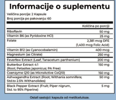 MIGRANOVA-Neuroprotektivna formula za učestale MIGRENE, sa CoQ10 i Biljna nutritivna podrška | 60 kaps.;Kombinuje vitamine B kompleksa, magnezijum, CoQ10 i biljne ekstrakte Feverfew, Butterbur i Ashwagandha — sinergija koja doprinosi za mnogo toga