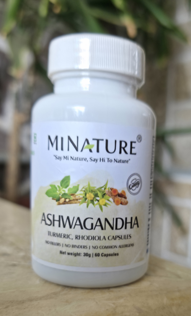 ASHWAGANDHA • TURMERIC • RHODIOLA 60 caps."Mi Nature"-Indija;Prirodna snaga za smirenje, energiju i mentalnu jasnoću.