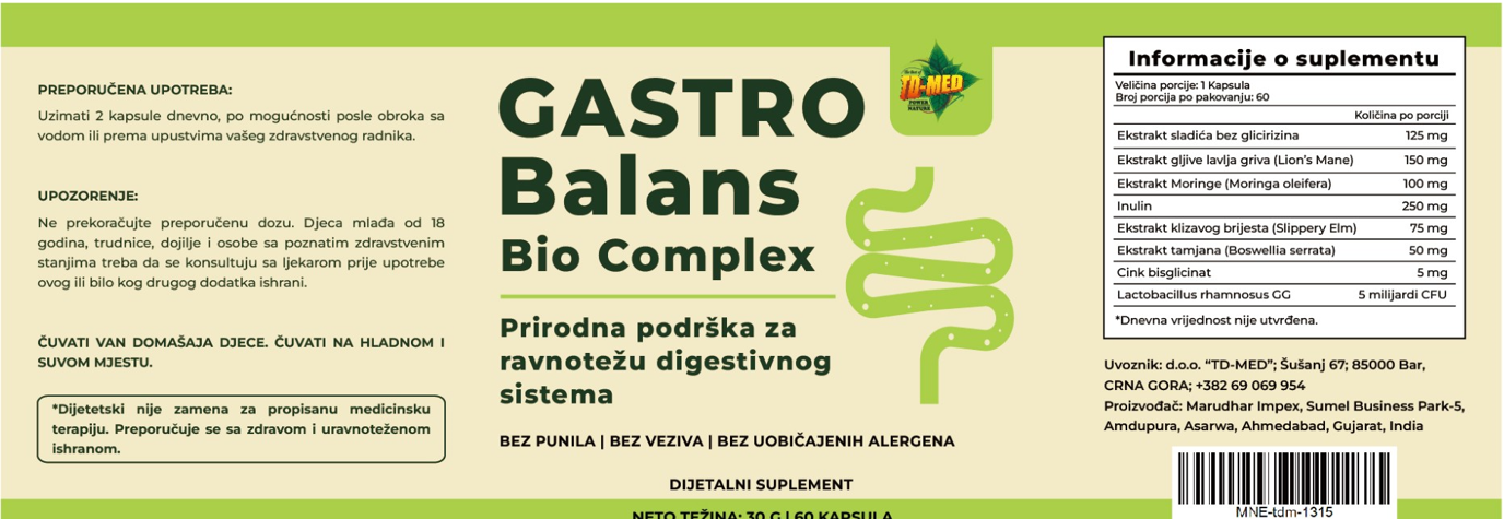 Gastro Balans-Bio Complex 60 kaps.(Prebiotik,Probiotik i minerali,biljni dodatci);Obnavlja i štiti crevnu floru,prirodna podrška vašem želudcu i crijevima,protiv loše probave i gastritisa,čira i mnogo toga;Mi Nature&Td-MED brend;Reklamna cijena-AKCIJA
