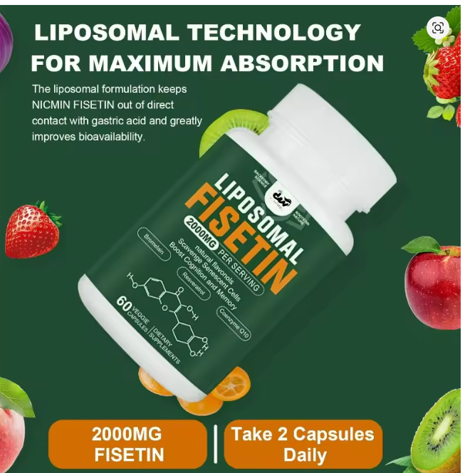 LIPOSOMAL FISETIN 2000mg/60 caps sa dodatcima (Kvercetin 10:1;Resveratrol 10:1;Koenzim Q10;Cink (pikolinat);Trimetilglicin (TMG);Bromelain i Kurkumom;Za kognitivnu podršku, zdravlje ćelija i usporavanje starenja;Prvi put kod nas sa REKLAMNOM cijenom!