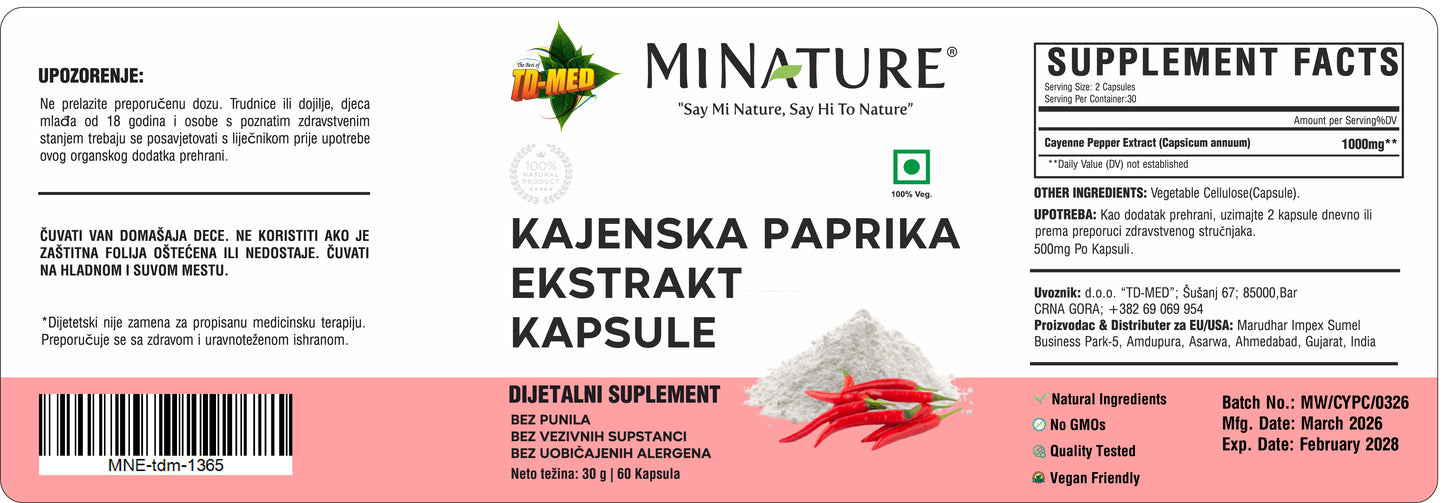 Kajenska paprika Extract-"Cayenne Peper"60 kaps/1000mg u 2 kaps.",Za bolju cirkulaciju,energiju i toplinu.manji LDL Holesterol  i još toga....