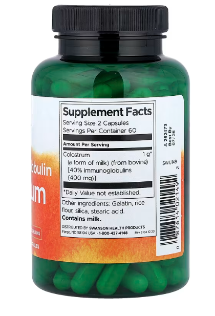 Colostrum- Kolostrum s visokim sadržajem 40%imunoglobulina, 120 kapsulIdealno za podizanje Imuniteta, oporavak od infekcija i antibiotika,za djecu,odrasle i intezivne treninge sportista,obnavlja crijevnu floru i još toga...SWANSON USA sportiste