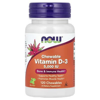Vitamin D-3 za žvakanje,ukus menta, 5.000 IU, 120 topive pastile (brža apsorcija) za žvakanje;NOW FOODS USA