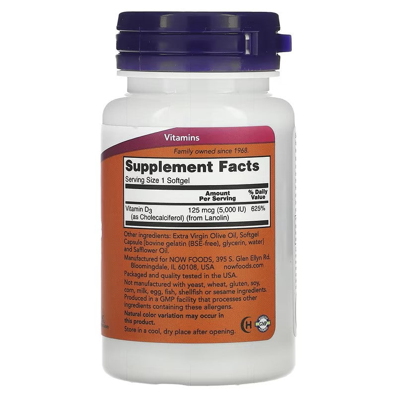 Vitamin D-3 5,000 IU, 120 Softgels; High Potency, ( Now Foods-USA );