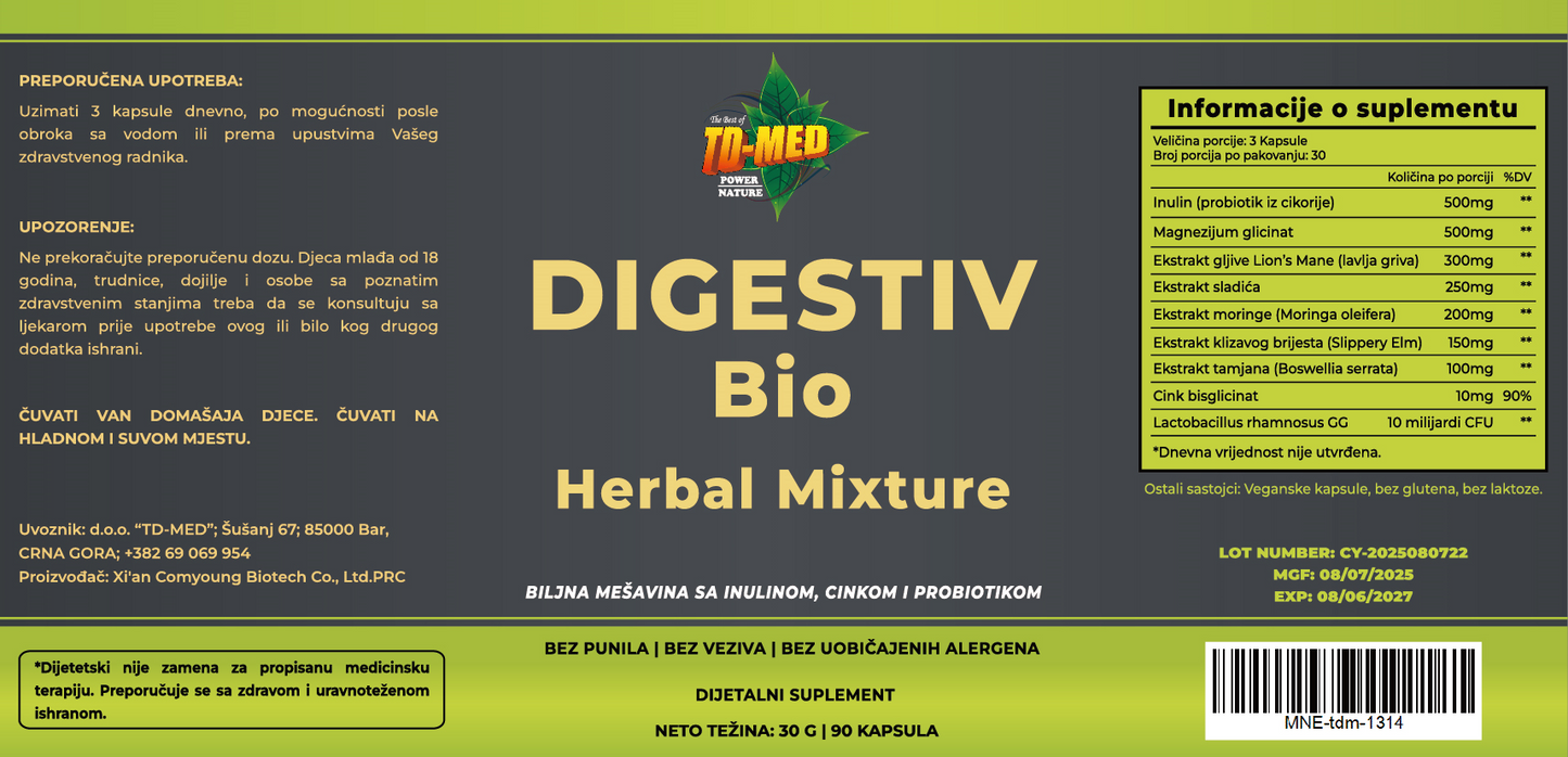 DIGESTIV-Bio(Biljna mješavina) 90 kaps.;Kombinacija prebiotika, probiotika,adaptogena,minerala,biljnih ekstrakata , deluju sinergijski na ravnotežu crevne mikroflore,smanjenje upala, zaštitu sluzokože i poboljšanje varenja; REKLAMNA Akciska cijena !!!!