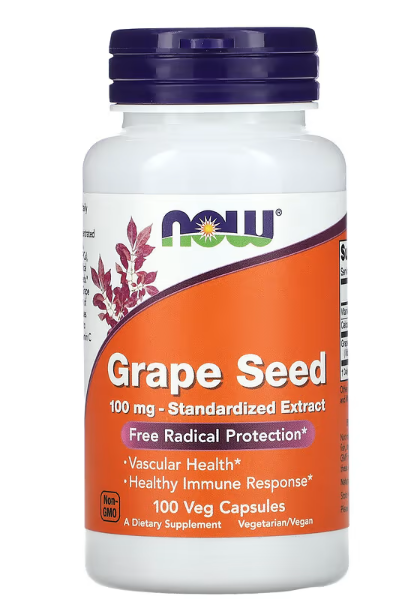 Sjemenke grožđa(Grape seed Extract), Standardizirani ekstrakt, 100 mg sa dodatkom vit.C, 100 biljnih kapsula;Now Foods USA,Idealno za : osobe sa slabom cirkulacijom, proširenim venama, visokim stresom, pušače, starije osobe i za poboljšanje vida