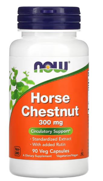 Divlji kesten(Horse Chestnut) + Rutin, 300 mg, 90 veg.kaps.Now Foods;Kombinacija escina i rutina poboljšava protok krvi u kapilarima,  korisno za hladne ekstremitete,  i dijabetičke angiopatije,za tretman prošinenih vena,hemoroida  i otoka...