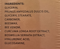 Pčelinji otrov krema(Bee Venom)30g;Krema za zglobove ;Obogaćena sa Kurkumom,Tamjanom,Glukozaminom i još toga | za zglobove kolena, ruke, lumbalnog dela kičme i vrata; za brže olakšanje i bolju pokretljivost.