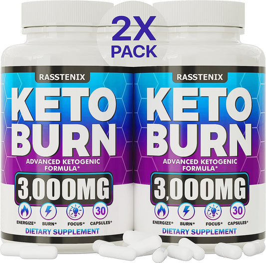 KETO BURN (Ketoni za sagorevanje masti oko struka) 3000mg-30 caps;  Povećajte energiju i metabolizam - Egzogeni Keto BHB dodatak za žene i muškarce (2 pakovanja | 300 kapsula)-Rastenix USA