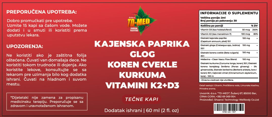 Kajanska paprika+ dodaci-Glog,Cvekla,Kurkuma i Vit.K2-D3(u kapima) 60ml i bolju cirkulaciju