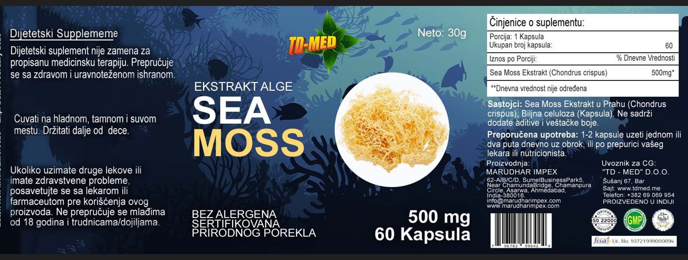 Sea Moss Extract -Morska mahovina 500mg/60 caps. Mi Natureza podrške imunitetu, štitnoj žlezdi, koži,snazi,energiji,kardio-srcu  i još mnog toda...Naš BREND;Iskoristite Reklamnu cenu !