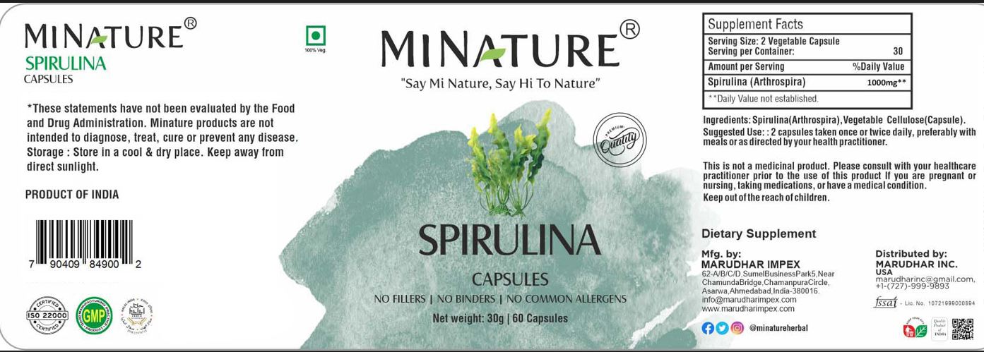 Spirulina 450 mg 60 kapsula-Organik; Mi Nature (Indija ORIGINAL),REKLAMNA AKCIJA i izuzetan kvalitet na čistoću sa sertifikatom