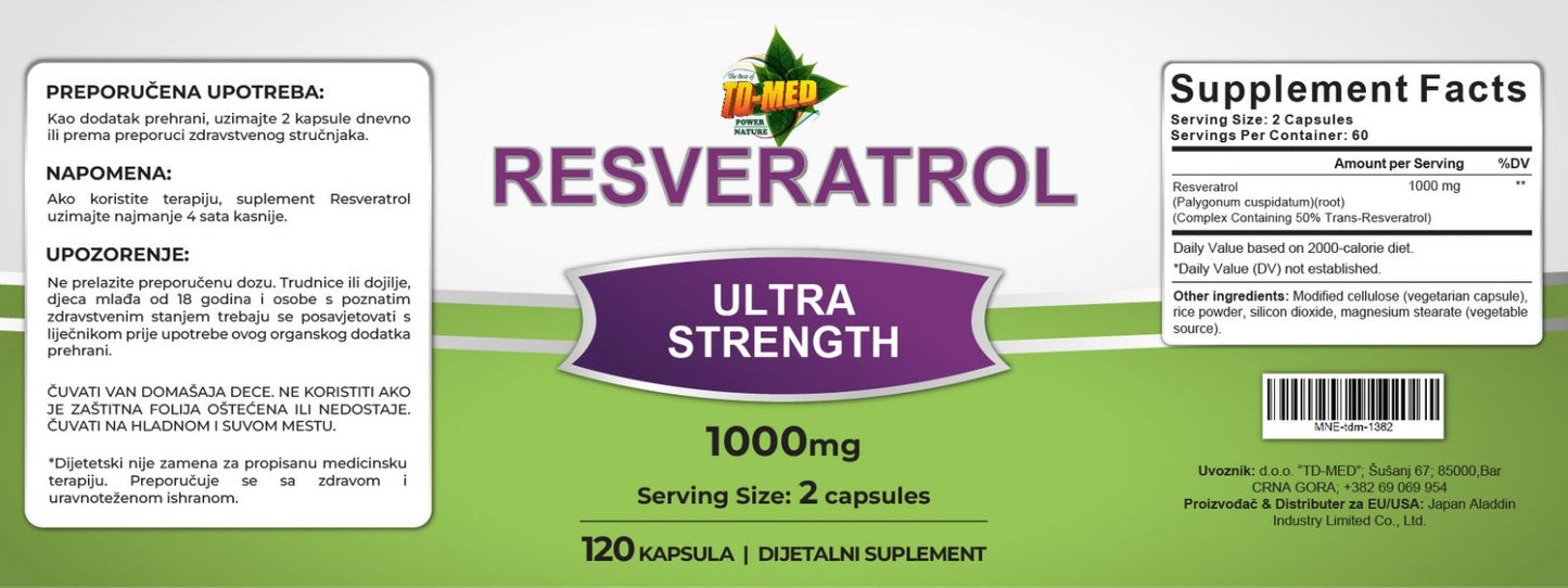 Resveratrol(Ultra snažan)-doza 1000mg/500mg,120 caps.("Japan Aladdin Hangzhong-Biotech Co.Ltd")-za USA&EU tržište; Podrška kardiovaskularnom sistemu , imunitetu,podmladjivanju ćelija i u borbi sa kancerom Pluća,dojke... ;REKLAMNA Akciska cijena