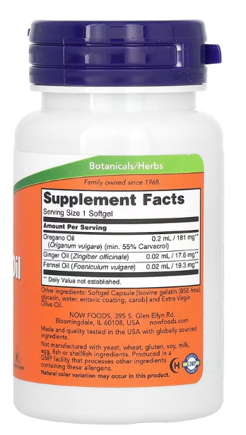 Ulje origana,(divljeg porijekla) 90 mekih kaps.NOW Foods,Podrška crevnom traktu(za zdravu crevnu floru)doprinose jačanju imuniteta, zaštiti od infekcija;Origano oil sa dodatkom Đumbir ulja i Fenela(Komorač)ulje
