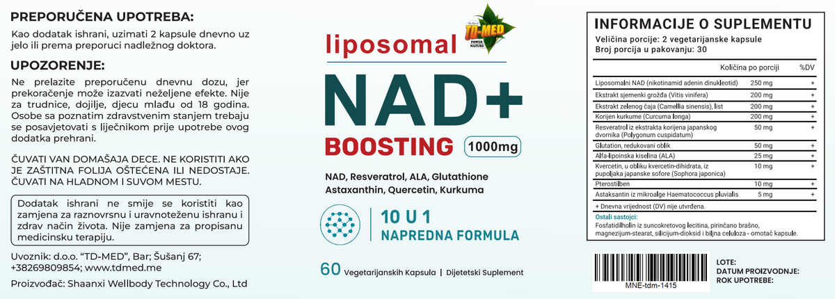 Liposomal NAD+ Boosting 60 caps;10 u 1,Napredna Formula(Energija. Zaštita. Dugoročna vitalnost.)u kombinaciji NAD+, Resveratrola,Quercentina,Glutationa i snažnih biljnih extrata za zdrav proces starenja.,Naš BREND prvi put na tržištusa Reklamnom cenom