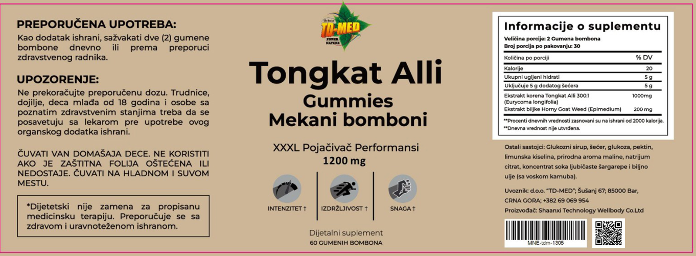 Tongkat Ali sa Horny Goad Weed;gumies-60 kom.Sa 1000 mg Tongkat Ali 300:1 i 200 mg Horny Goat Weed ekstrakta, za podršku performansama, fokusu i seksualnom zdravlju.idealno za sportiste i starije osobe sa manjkom energije