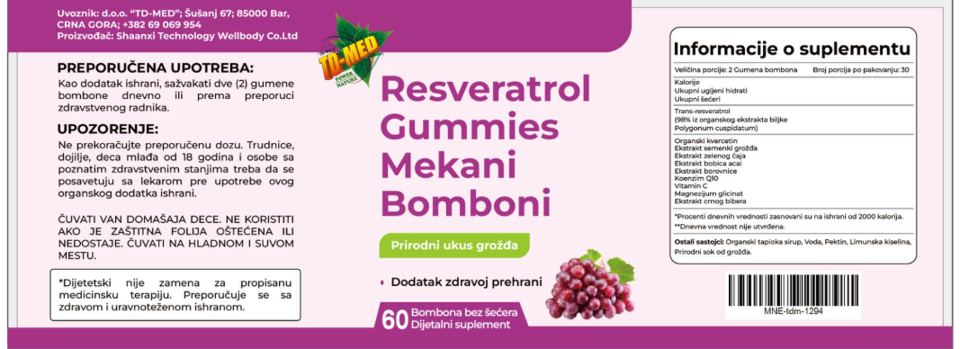 Resveratrol gummies 60 mekanih bombona;Podrška zdravlju srca,Antioxidantna zaštita,za imunitet,vitalnost,bolji metabolizam i dobru energiju.Prvi put kod nas-Reklamna akcija...ISKORISTE je !