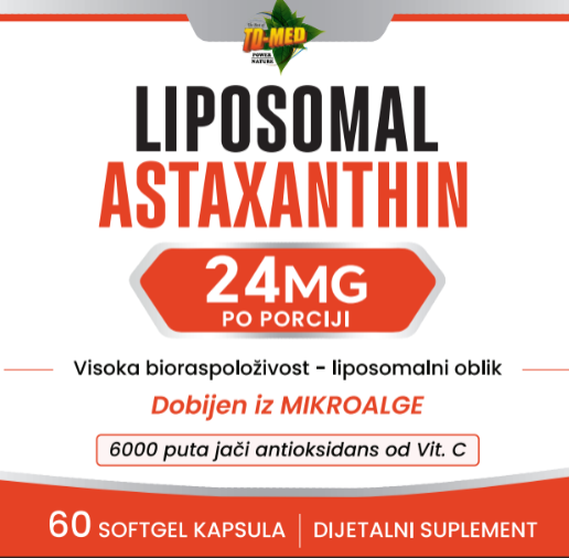 Astaxanthin-Liposomal Astaksantin,sa Fosfadiholinon-/24mg-60 soft.gell.(iz mikro algi);Naš brend,prvi put kod nas;Za bolju energiju,imunitet,regeneraciju tkiva,za kožu protiv UV zračenja,cirkulaciju,LDL uravnotežuje i mnogo toga;Reklamna cijena