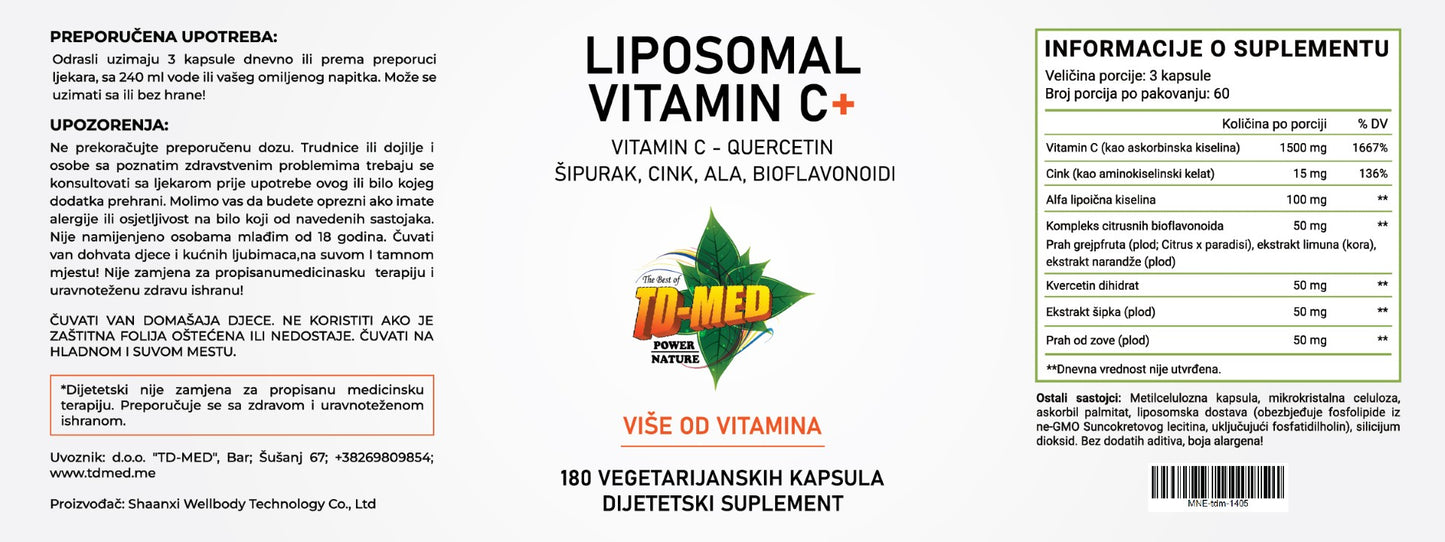 Liposomal C+;(180 caps.VELIKO pakovanje) sa dodatkom Cinka,Quercetina,Šipurka,Zove extract;Flavonoidi voća-Citrusa ,Alpha Lipo-Acid (7 u 1 Liposom),za Imunitet,sezone gripa,Sportiste i pušače...Reklamna AKCIJA 50%,Naš BREND
