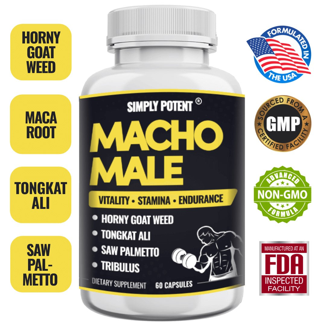 MACHO MALE 60 kaps.Sa 9 sastojaka kao što su L-arginin, Tongkat Ali,extract korijena Mace;Horny Goat;Afričke šljive extrakt,Bobičaste palme(Saw Palmertto),Panax Ginseng,Tribulus, Peruanski Muira Pama.;Za vašu izdržljivost i vitalnost!; SIMPLY POTENT USA