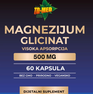 Magnesium GLICINAT(Glycinate) - 500 mg u 2 kapsule;Ublažava stres,bol i grčeve mišića,pomaže kod dijabetisa2,zdravlja srca i nervnog sistema;60 kaps.,VISOKE APSORCIJE,naš Brend za TD-MED