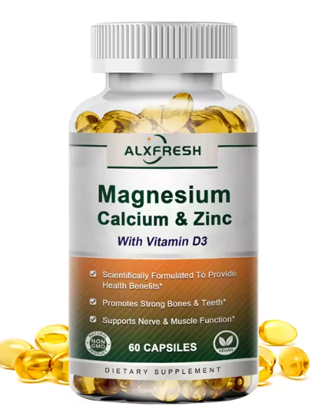 Kalcijum 1000 mg Magnezijum 400 mg Cink 25 mg +Vitamin D3 600 IU ,60 soft gell kaps.  Podrška imunitetu i koštano-živačnom sistemu | Bez GMO-a | Bez glutena;Alxfresh-USA