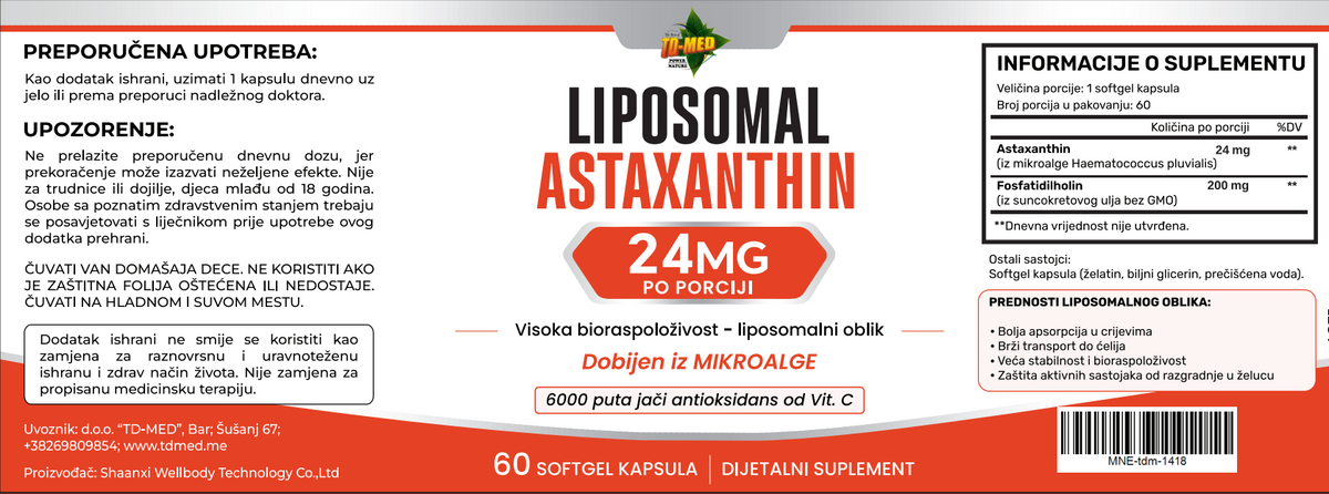 Astaxanthin-Liposomal Astaksantin,sa Fosfadiholinon-/24mg-60 soft.gell.(iz mikro algi);Naš brend,prvi put kod nas;Za bolju energiju,imunitet,regeneraciju tkiva,za kožu protiv UV zračenja,cirkulaciju,LDL uravnotežuje i mnogo toga;Reklamna cijena