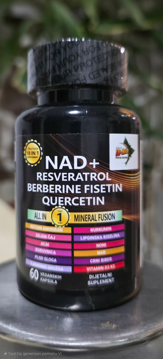 NAD+ 60 kaps;sa Resveratrolom,Berberin,Fisetin,Quercentinom i mešavinom biljnih extrata (Acai,Noni,Kurkuma,Zeleni caj,Glog,Borovnica.Nar , Extract Crnog Bibera,VitaminD3+K2)...za PODMADJIVANJE,protiv starenja, i Imunitet sa Antioxidantima
