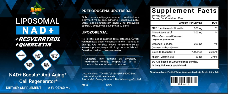 Liposomal NAD+(Liquid 60ml-drops);Apsolitni novitet (Liposomalna apsorpcija-Maksimalni efekat),formula sa dodatim Resveratrolom,Quercetinom,Kolagenom i Biotinom;"Ćelijska energija. Anti‑aging.Mitohondrijska regeneracija".Prvi put kod nas / Reklamna cijena